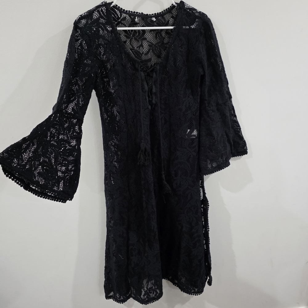 Lace Midi Dress Sheer Sz Medium Black Floral Dark Romance Fairy Flare Whimsigoth